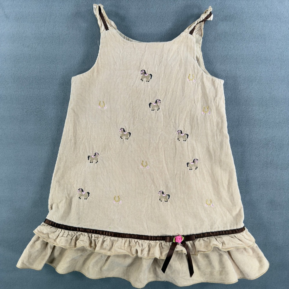 Vintage Youngland Girls Corduroy Horse Embroidered Ruffle Jumper Dress Size 5